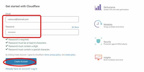 Cloudflare e-mail ve şifre ekranı